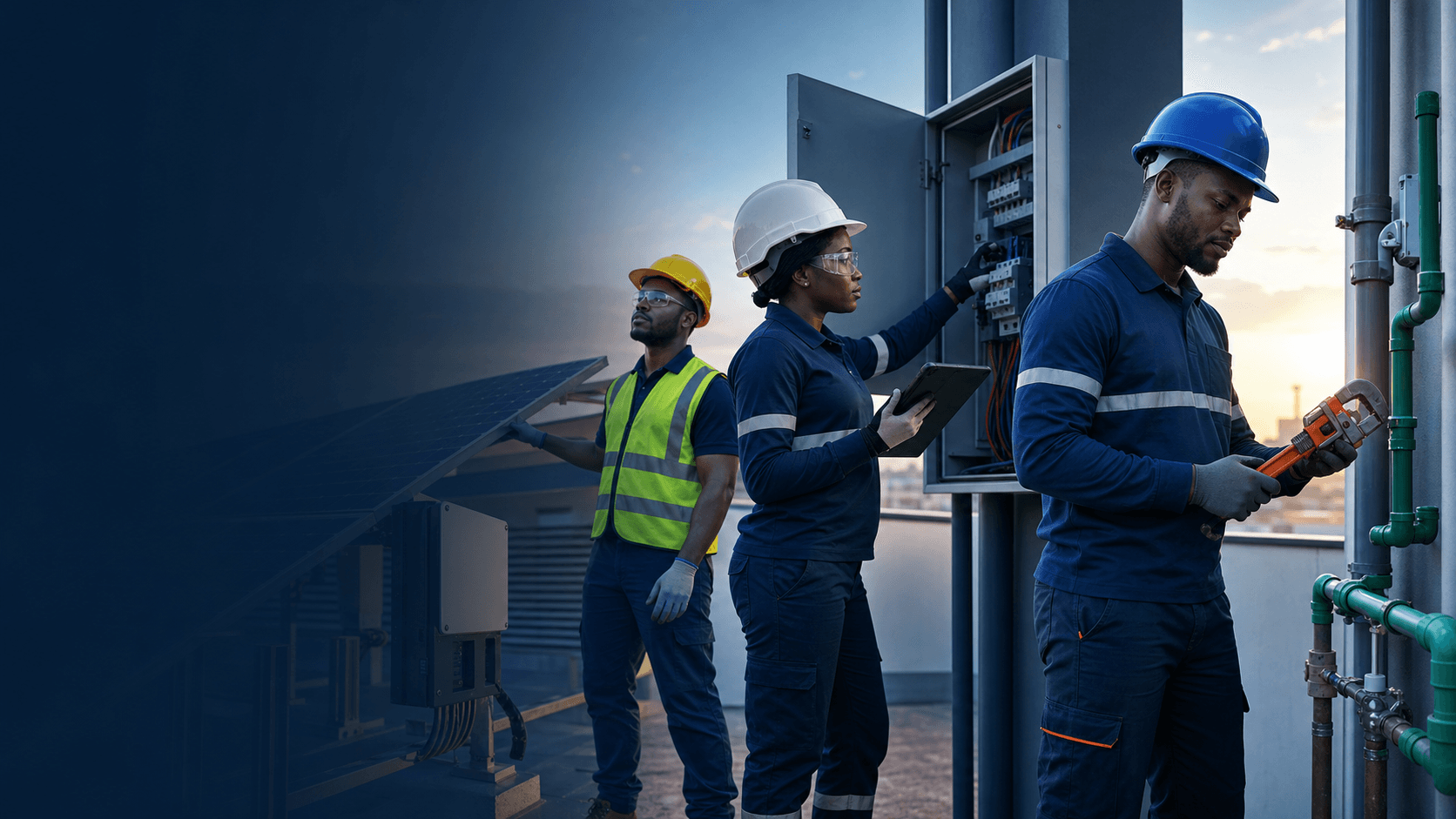 PowerTrust technicians working across solar, electrical and plumbing systems